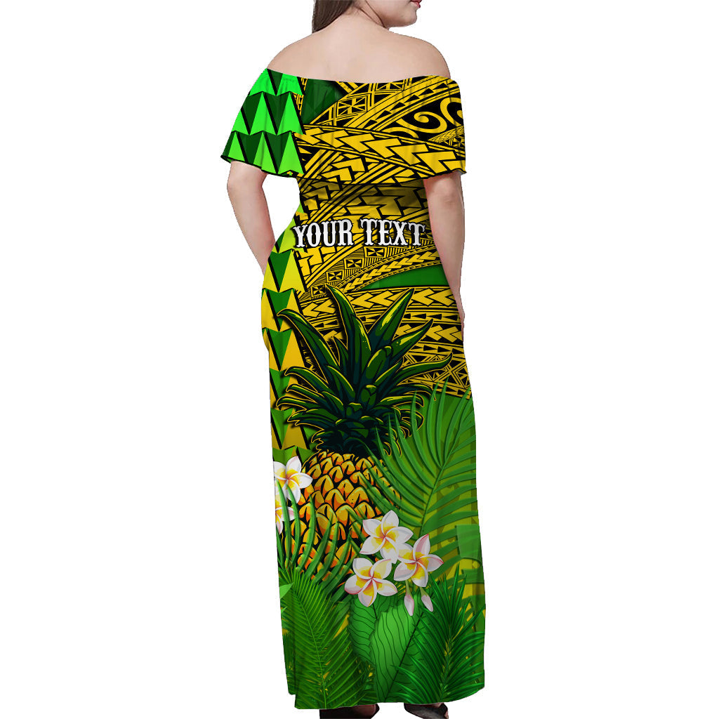 custom-personalised-hawaii-pineapple-off-shoulder-long-dress-plumeria-frangipani-mix-tribal-pattern