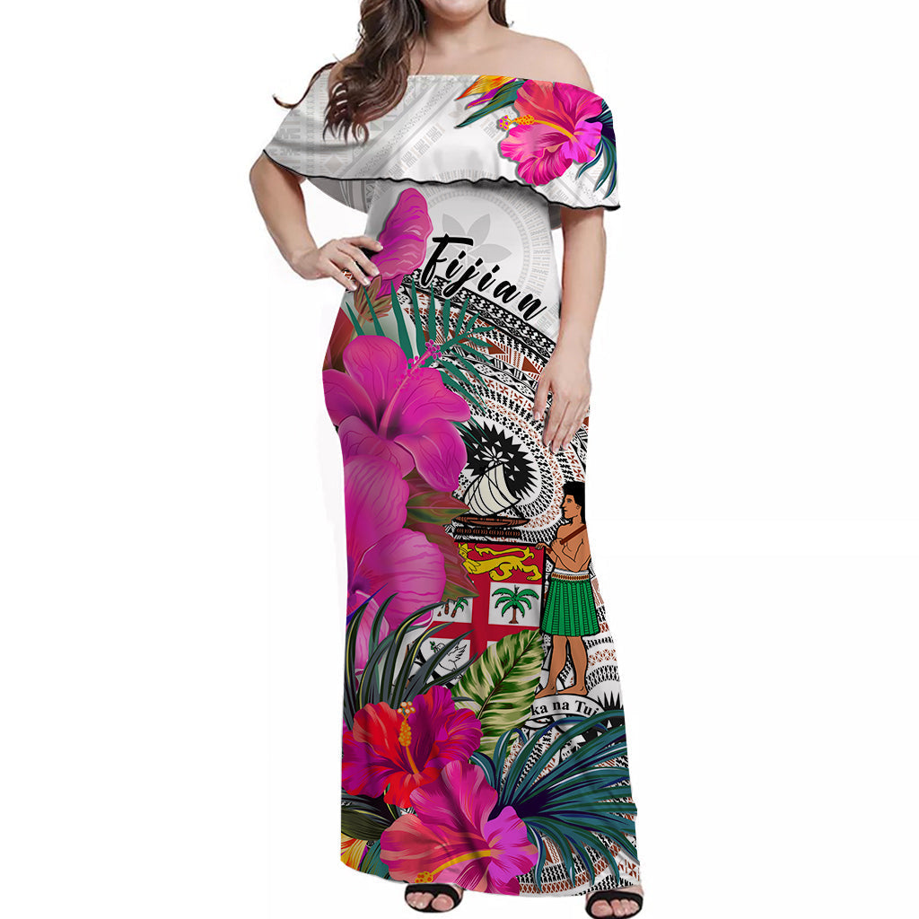 custom-personalised-fiji-tapa-off-shoulder-long-dress-fijian-masi-be-loved-pink-hibiscus