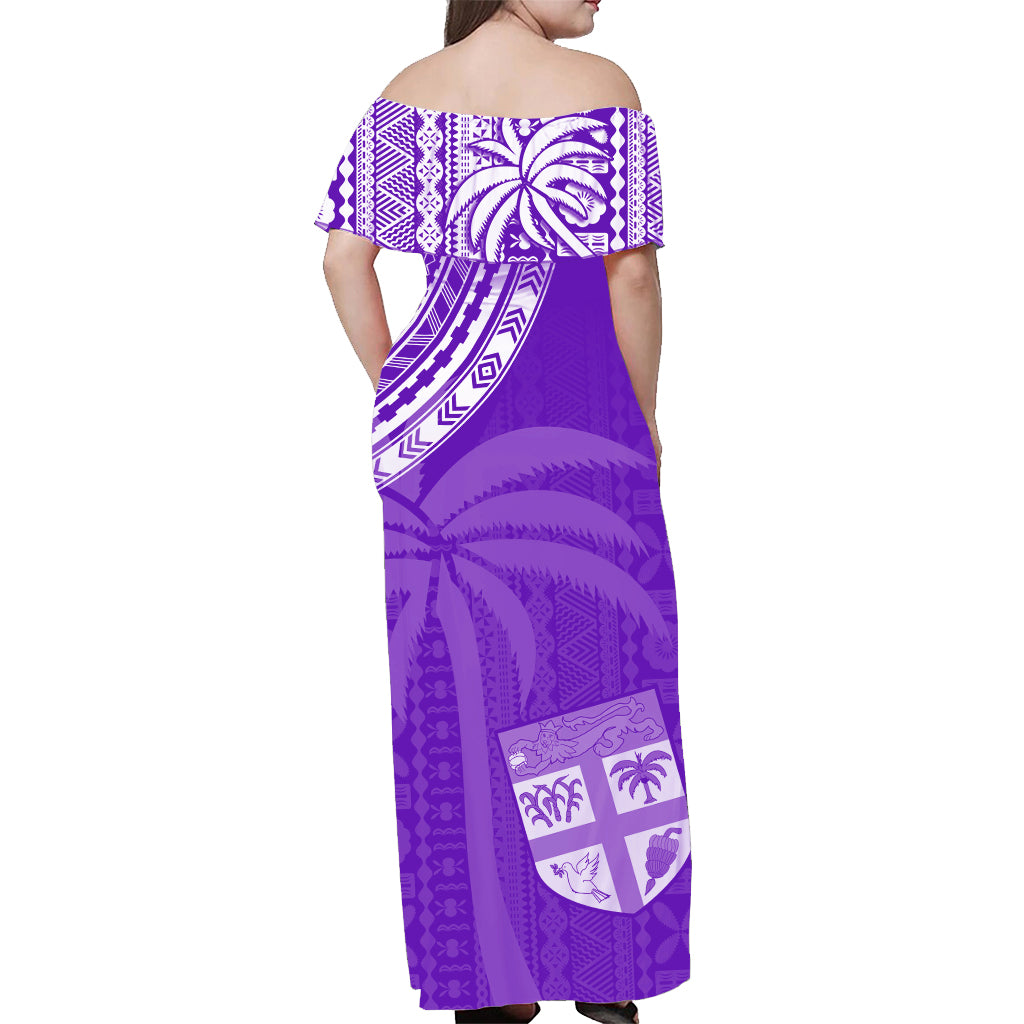 Women’s off-shoulder maxi dress in purple with Polynesian tapa print, back view