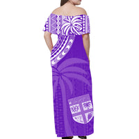 Women’s off-shoulder maxi dress in purple with Polynesian tapa print, back view