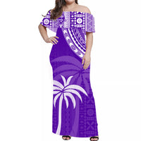 Women’s off-shoulder maxi dress in purple with bold Polynesian tapa patterns