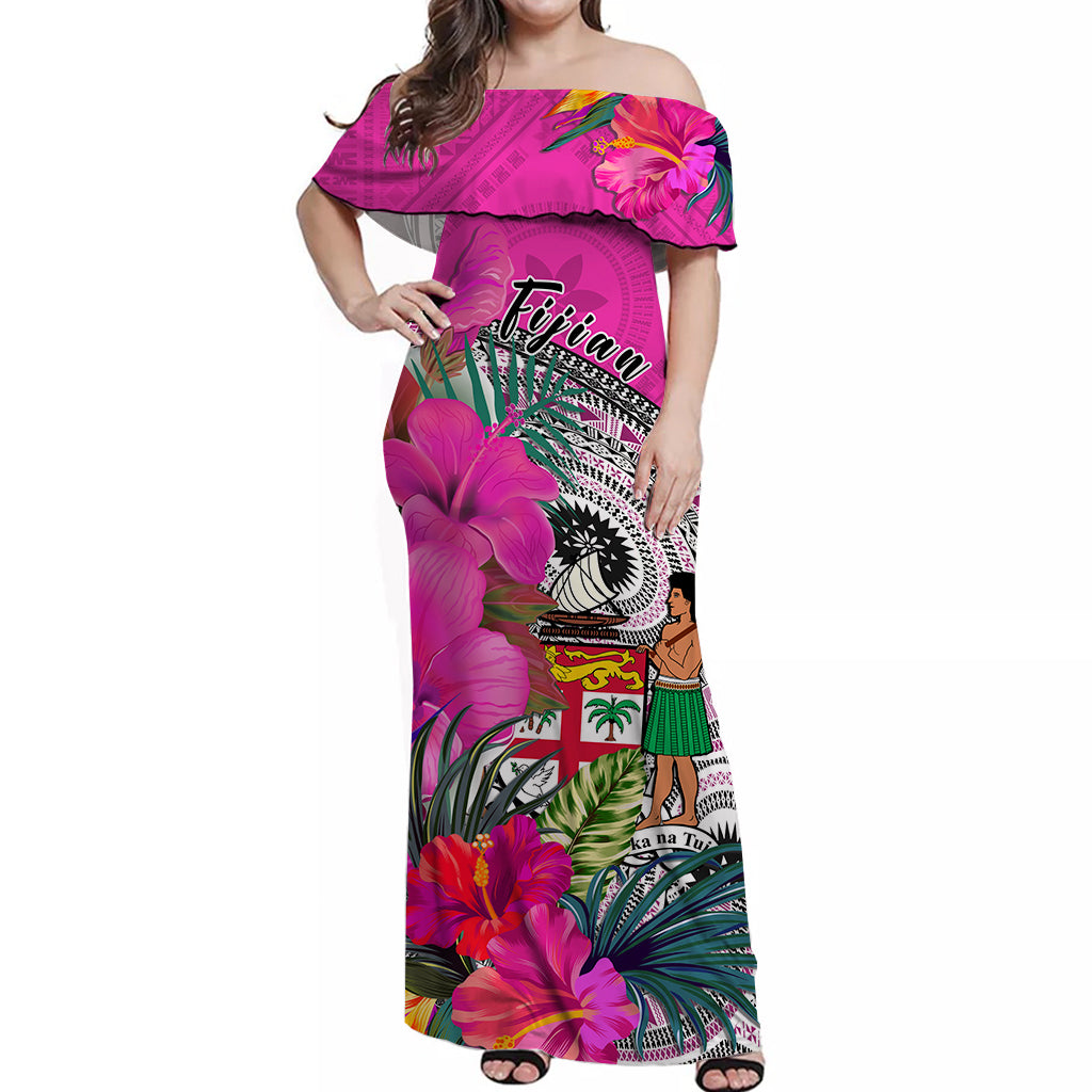 custom-personalised-fiji-tapa-off-shoulder-long-dress-pink-fijian-masi-be-loved-hibiscus