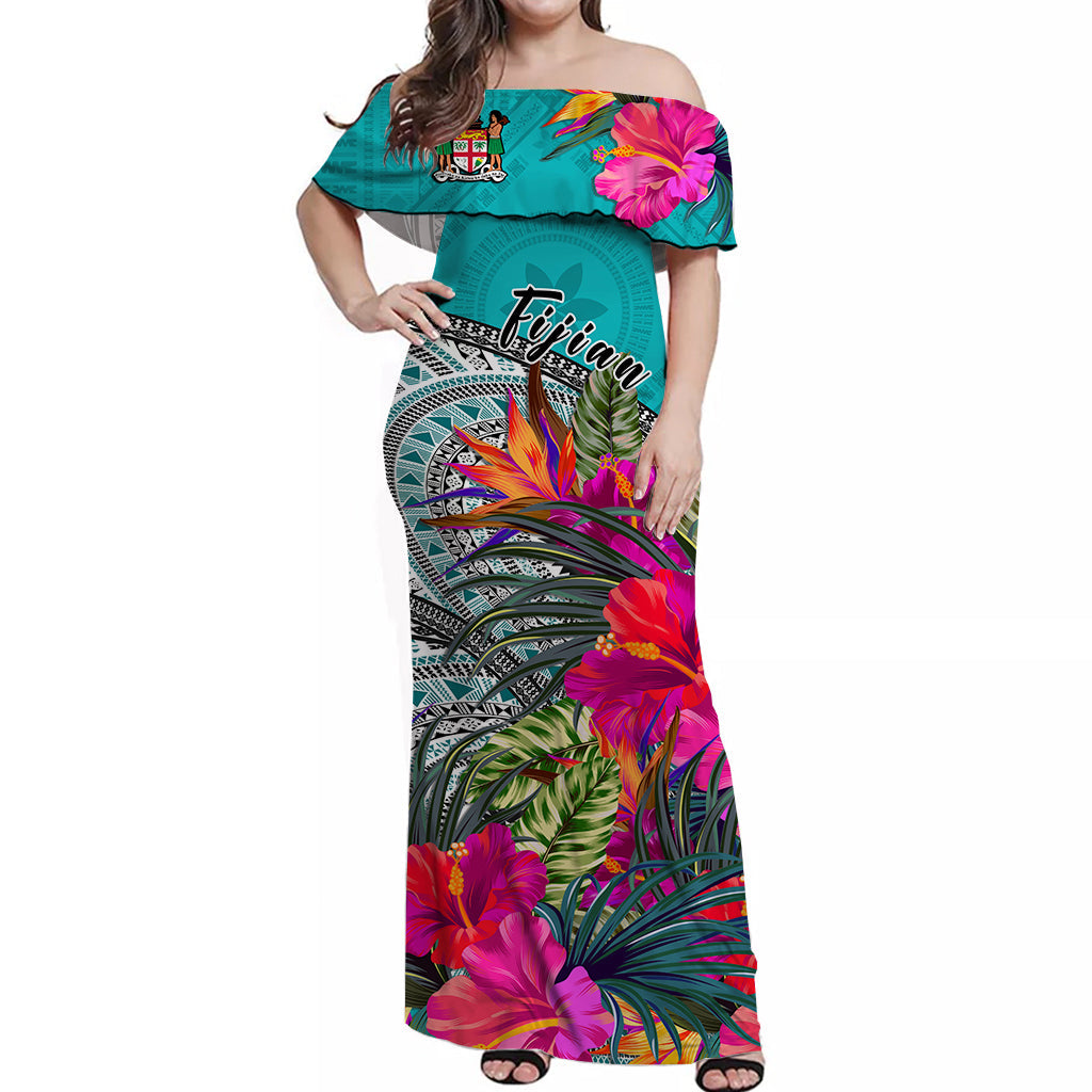 custom-personalised-fiji-tapa-off-shoulder-long-dress-green-fijian-masi-be-loved-hibiscus