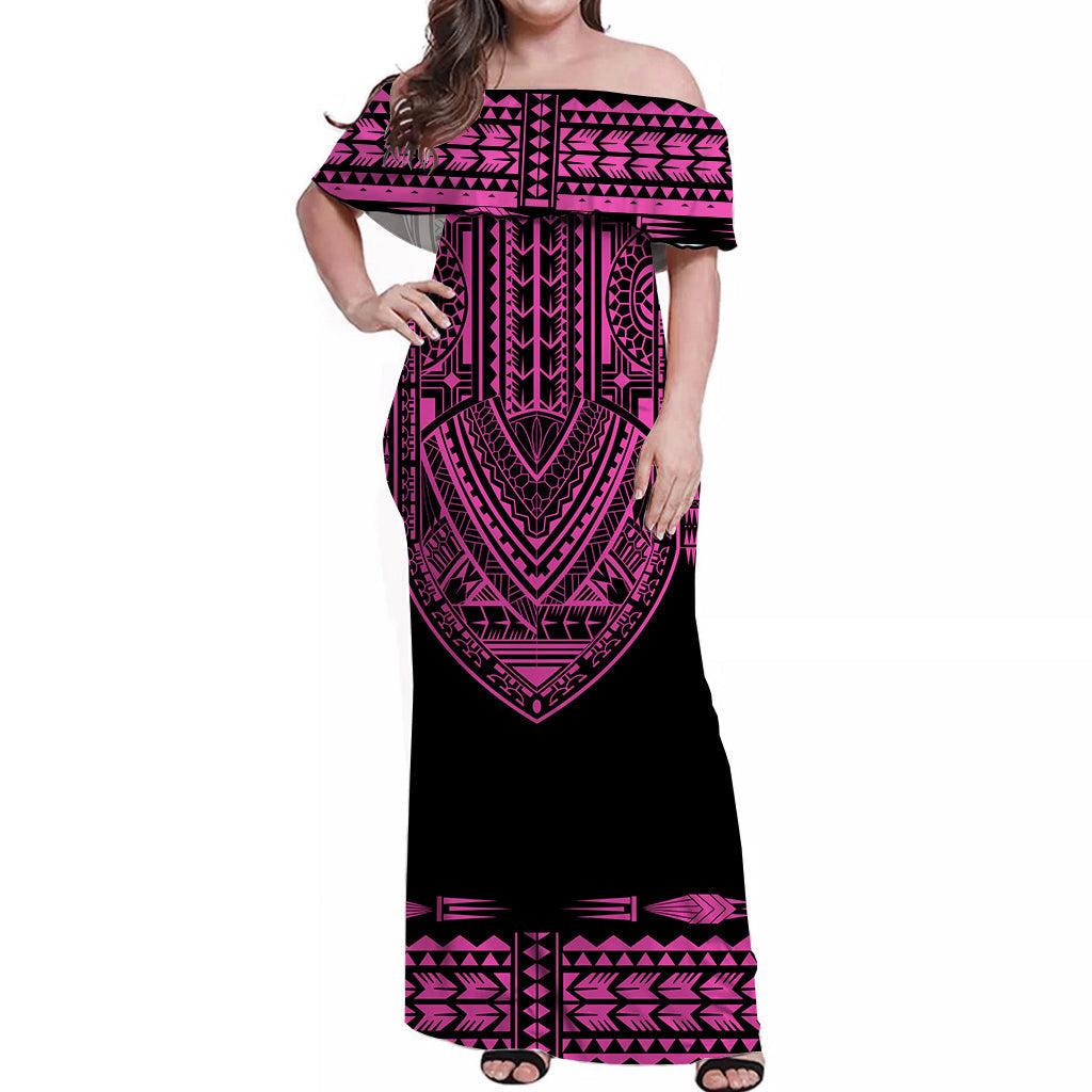 custom-personalised-polynesian-off-shoulder-long-dress-dashiki-with-polynesian-tattoo-royal-pink-version