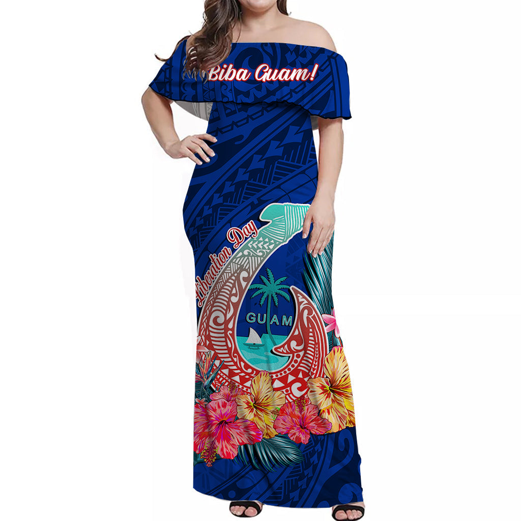 custom-personalised-guam-liberation-day-off-shoulder-long-dress-polynesian-fish-hook-happy-78th-anniversary