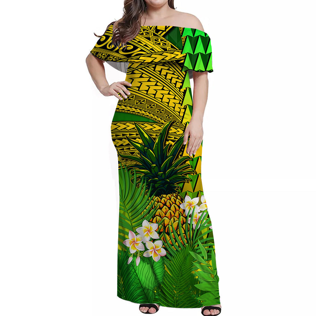custom-personalised-hawaii-pineapple-off-shoulder-long-dress-plumeria-frangipani-mix-tribal-pattern