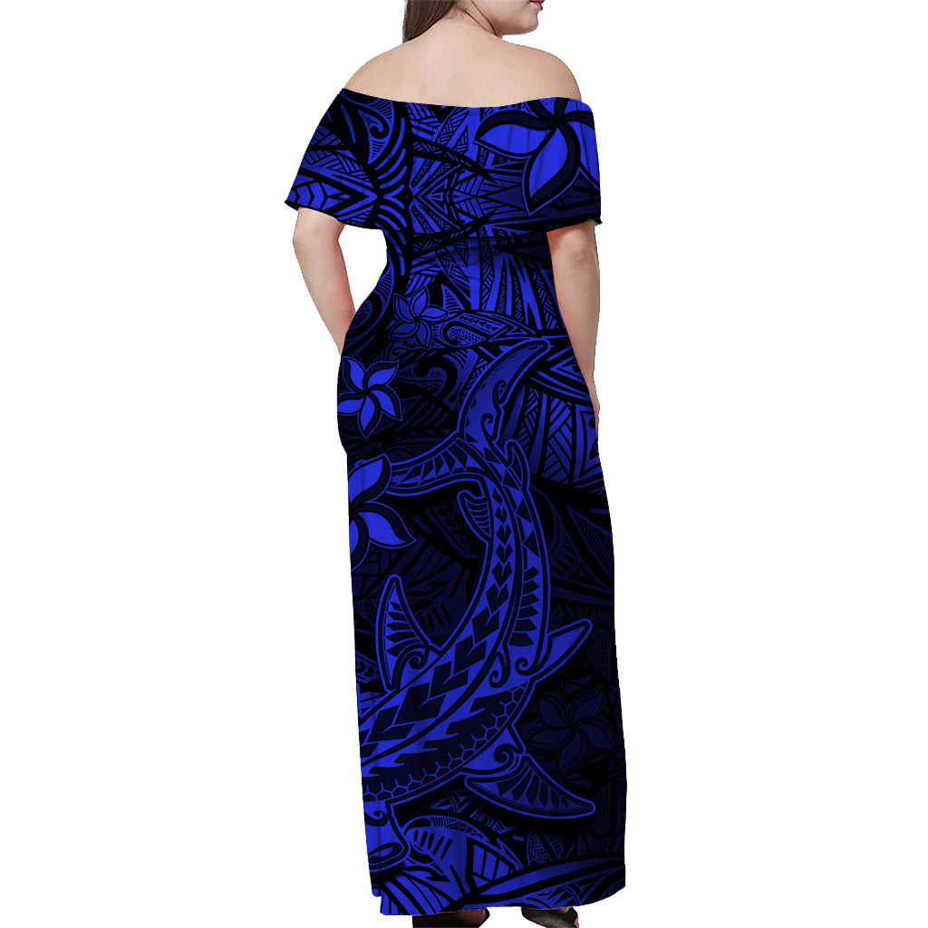 polynesian-off-shoulder-long-dress-blue-hawaiian-tribal-hammerhead-shark