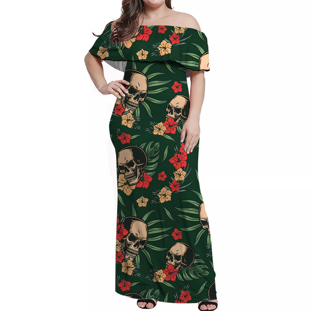 hawaii-off-shoulder-long-dress-green-skulls-with-monstera-leaves