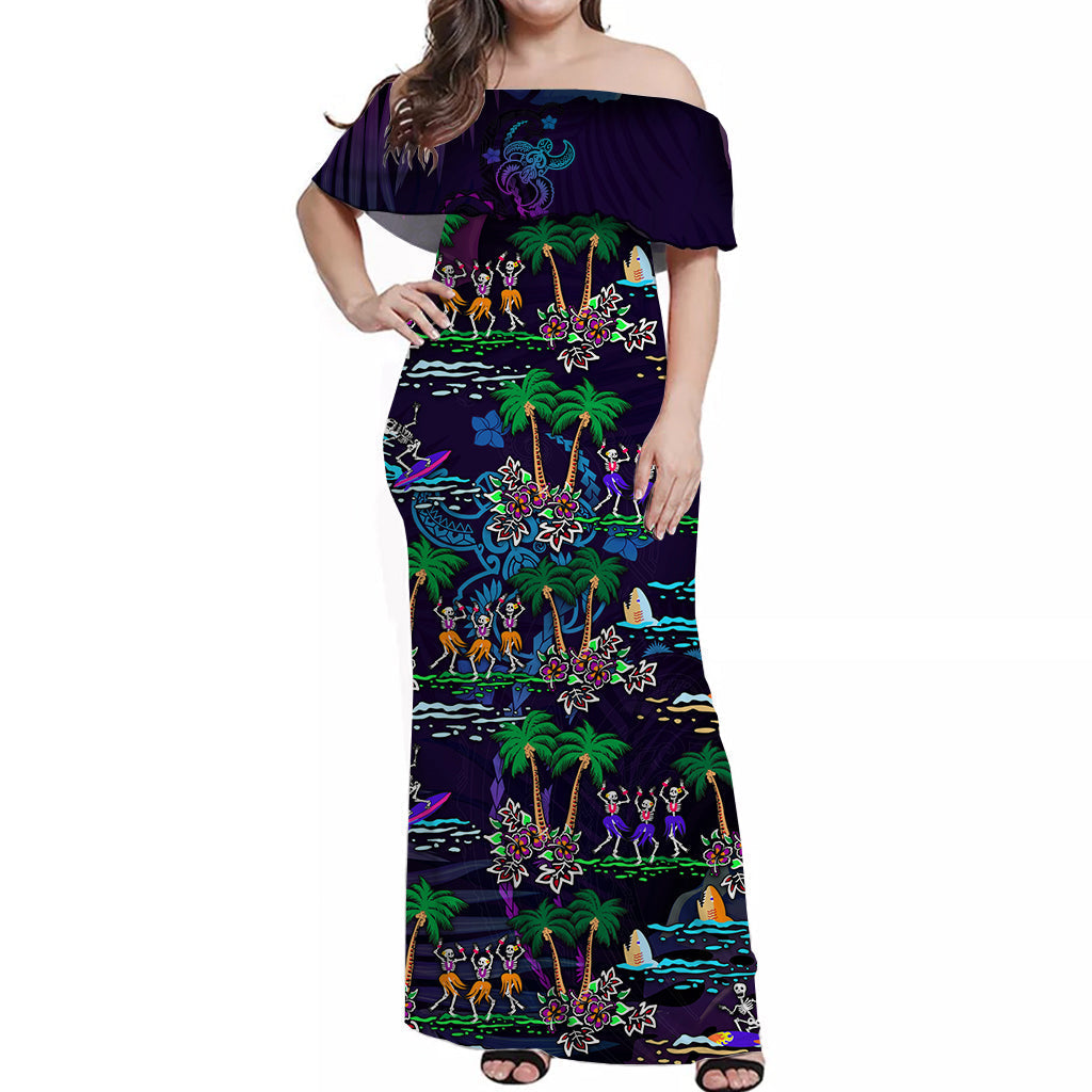 hawaii-skeleton-dancing-off-shoulder-long-dress-halloween-hawaiian-turtle