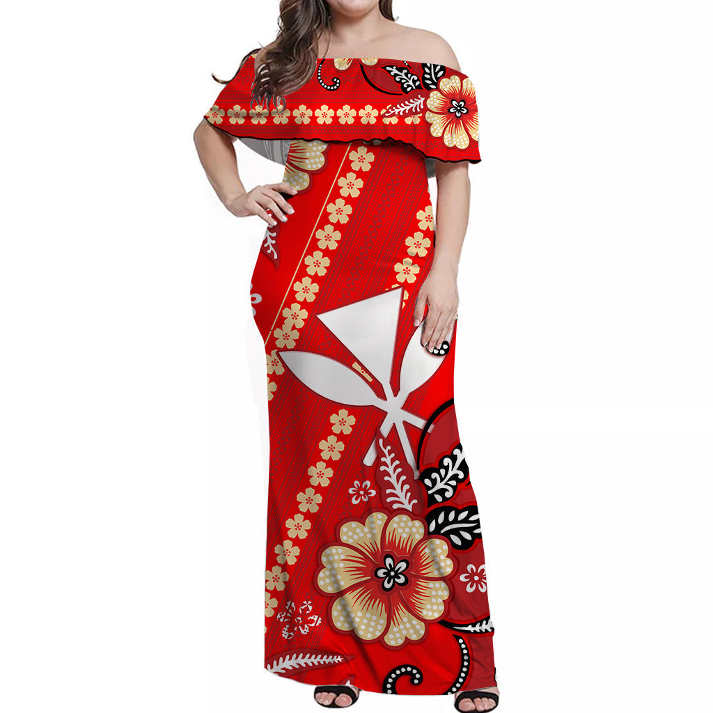 hawaii-off-shoulder-long-dress-kakau-tribal-red-batik-floral-ver01