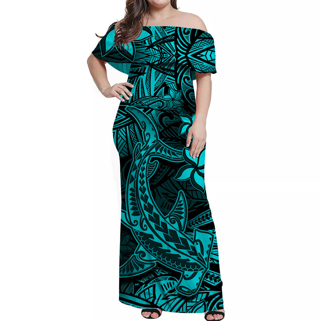 Polynesian Matching Hawaiian Shirt And Dress Turquoise Hawaiian Tribal Hammerhead Shark - Wonder Print Shop