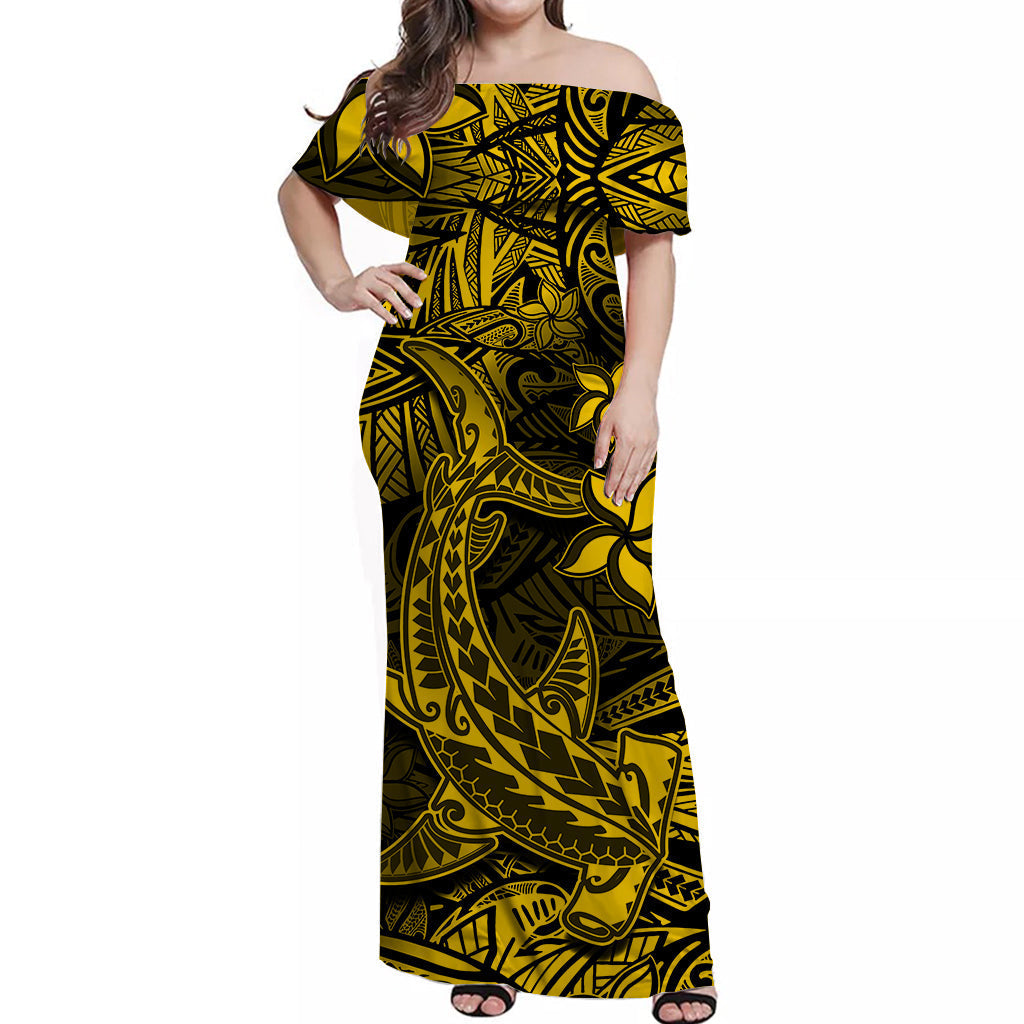 Polynesian Matching Hawaiian Shirt And Dress Gold Hawaiian Tribal Hammerhead Shark - Wonder Print Shop