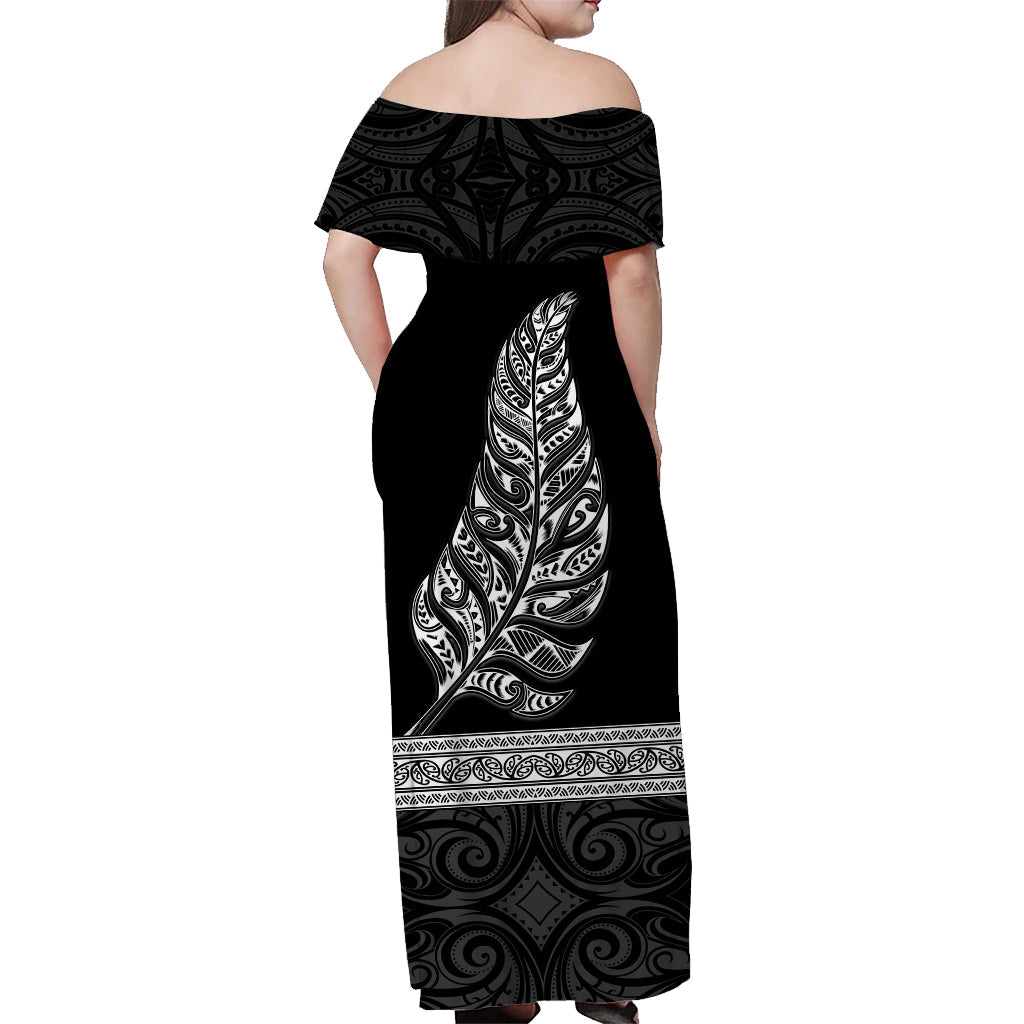 custom-personalised-new-zealand-off-shoulder-long-dress-maori-pattern-silver-fern-black