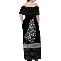 custom-personalised-new-zealand-off-shoulder-long-dress-maori-pattern-silver-fern-black