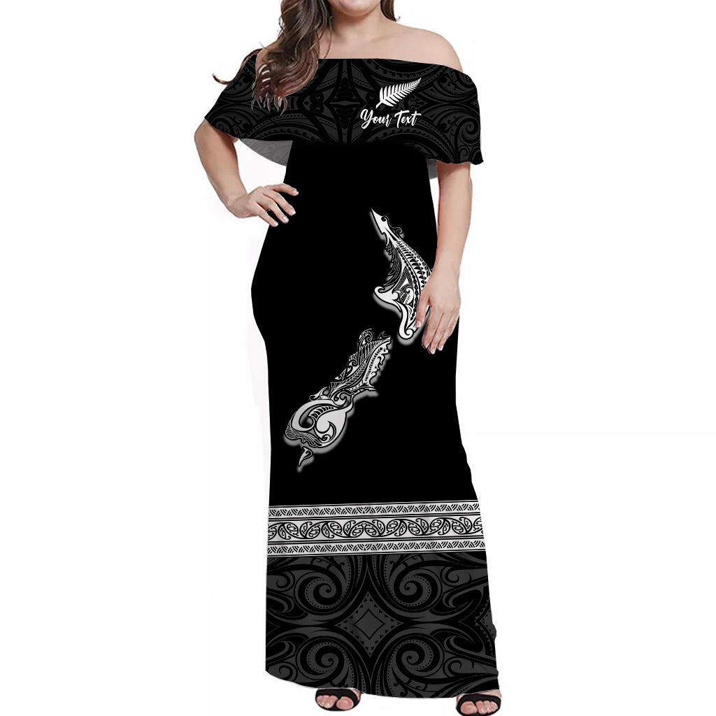 custom-personalised-new-zealand-off-shoulder-long-dress-maori-fern-and-map-black