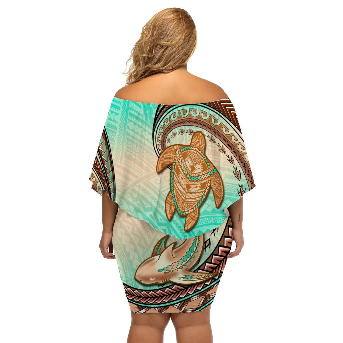 Hawaii Off Shoulder Short Dress Polynesian Shark And Sea Turtle Dreamy Turquoise Artsy - Wonder Print Shop