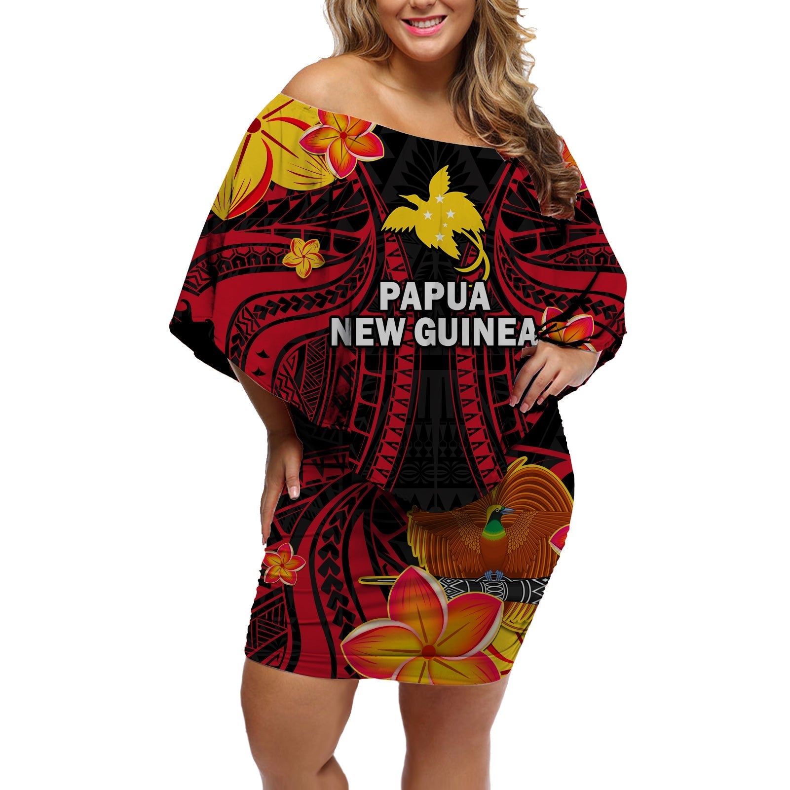Custom Personalised Papua New Guinea Off Shoulder Short Dress PNG Bird Of Paradise Polynesian Pattern - Wonder Print Shop