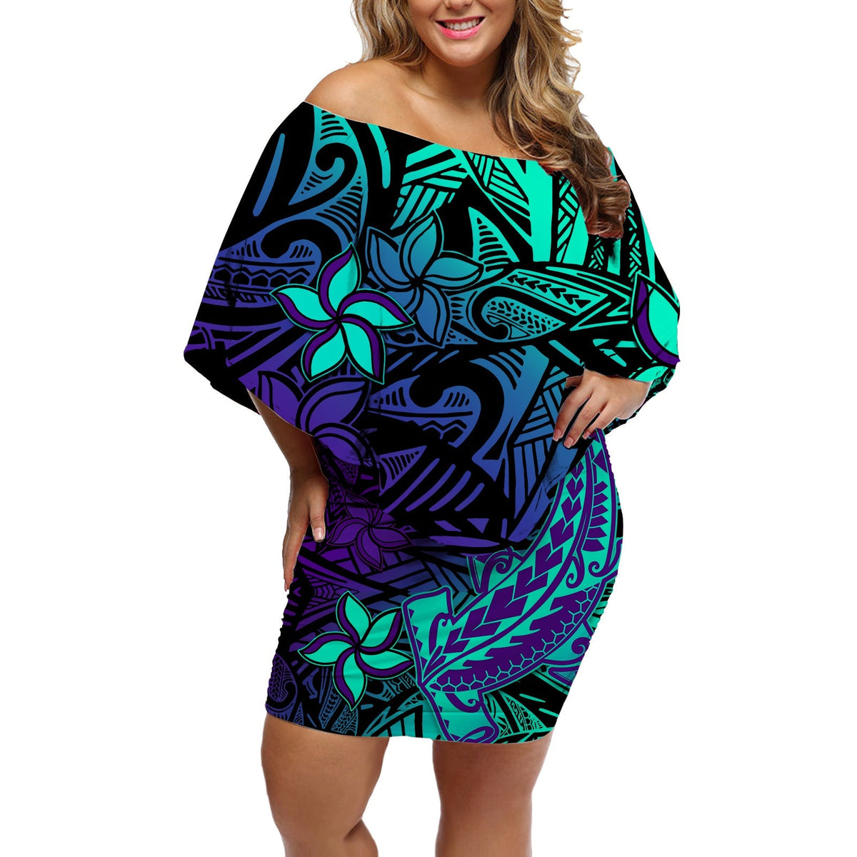 Polynesian Off Shoulder Short Dress Purple Paradise Hawaiian Tribal Hammerhead Shark - Wonder Print Shop
