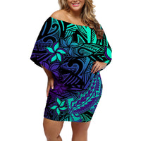 Polynesian Off Shoulder Short Dress Purple Paradise Hawaiian Tribal Hammerhead Shark - Wonder Print Shop