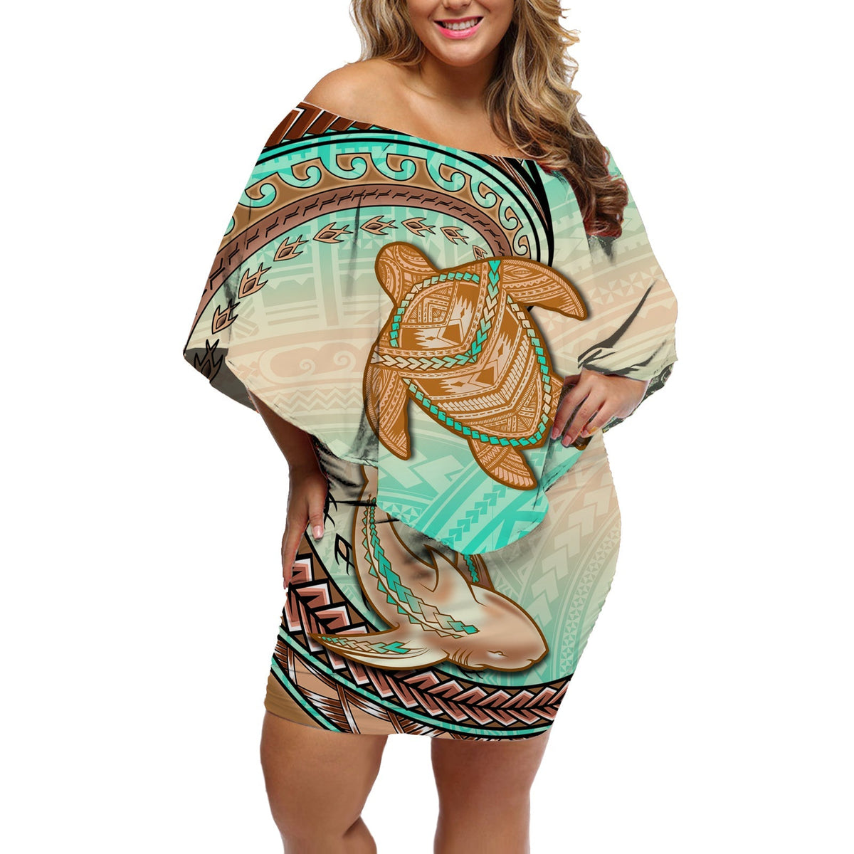 Hawaii Off Shoulder Short Dress Polynesian Shark And Sea Turtle Dreamy Turquoise Artsy - Wonder Print Shop
