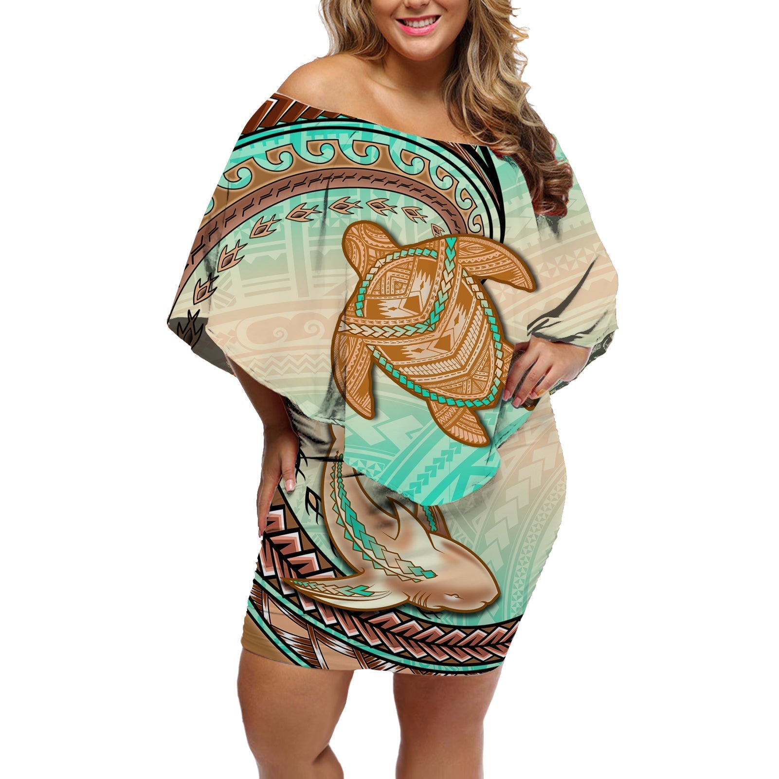 Hawaii Off Shoulder Short Dress Polynesian Shark And Sea Turtle Dreamy Turquoise Artsy - Wonder Print Shop