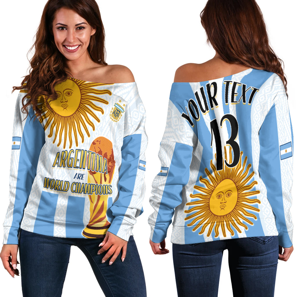 (Custom Text and Number) Argentina Football Off Shoulder Sweater World Champions 2022 Dream Come True LT13 - Wonder Print Shop