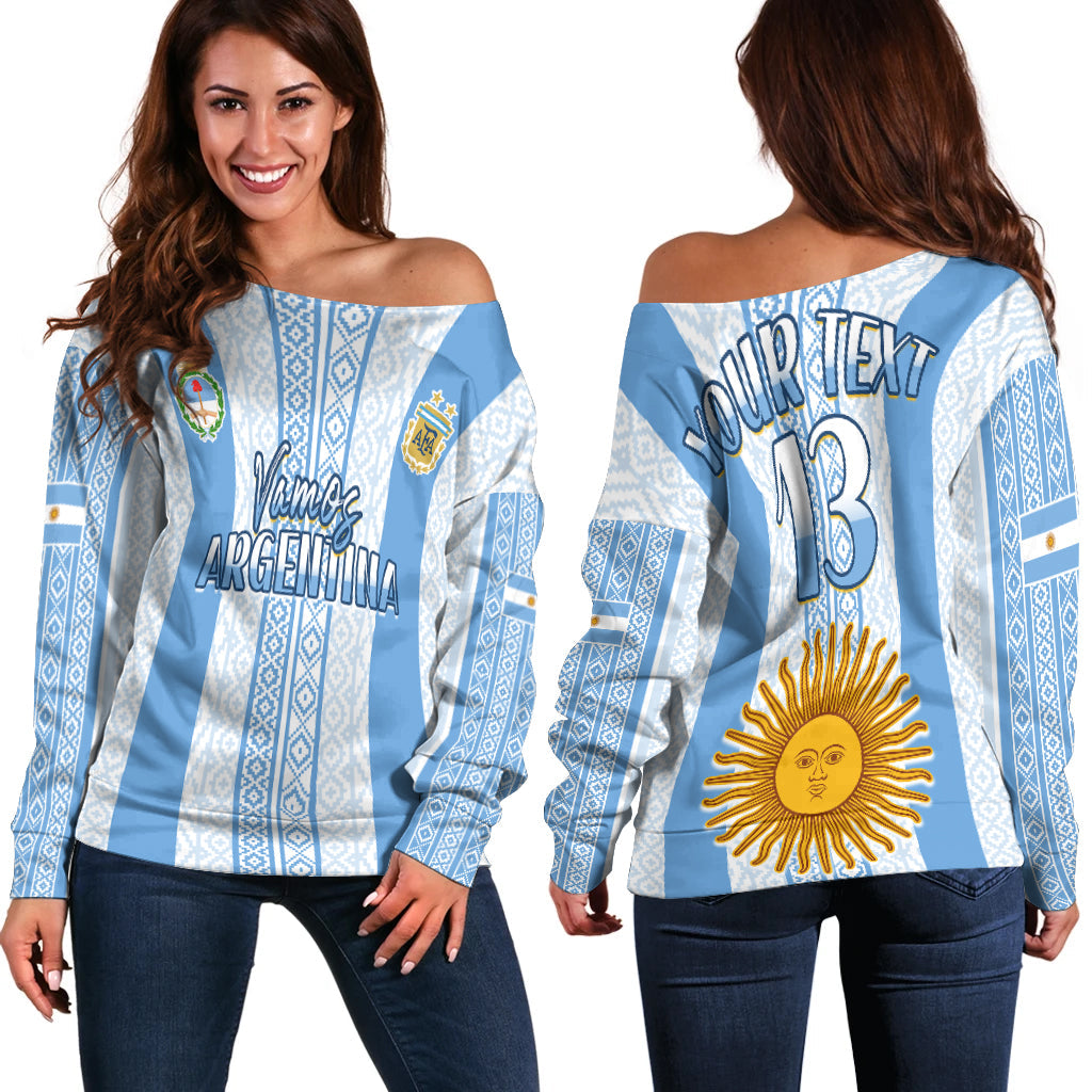 (Custom Text and Number) Argentina Football Off Shoulder Sweater Champions World Cup Gaucho Vamos LT13 - Wonder Print Shop