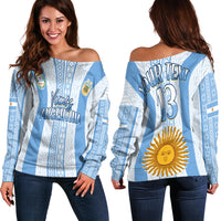 (Custom Text and Number) Argentina Football Off Shoulder Sweater Champions World Cup Gaucho Vamos LT13 - Wonder Print Shop
