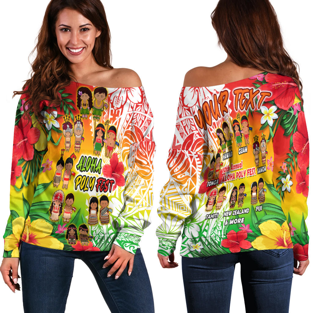 Custom Personalised Aloha Poly Fest Off Shoulder Sweater Polynesian Pattern With Tropical Flowers - Wonder Print Shop