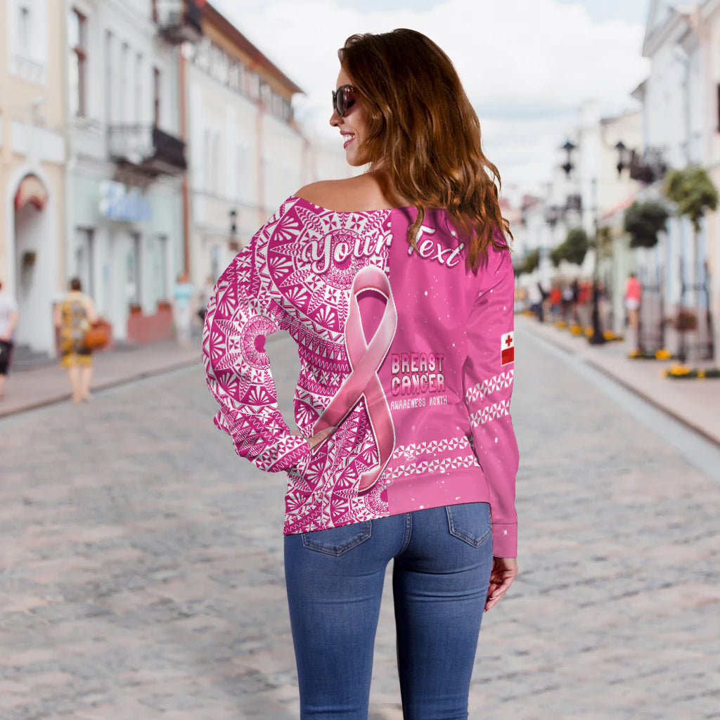 Custom Personalised Tonga Breast Cancer Off Shoulder Sweater Tongan Ngatu Pattern No One Fights Alone - Wonder Print Shop