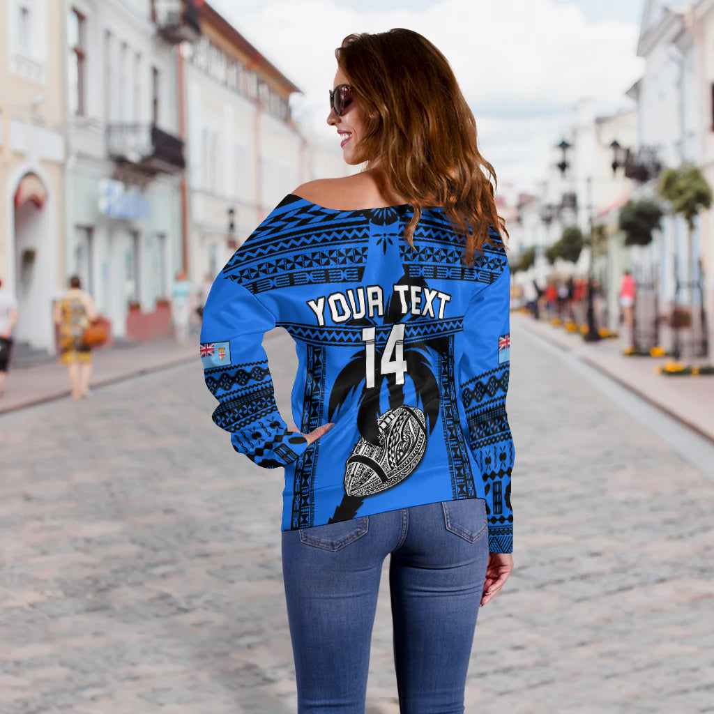 Custom Text And Number Fiji Rugby Off Shoulder Sweater Fijian Drua Super Polynesian Special Tapa Pattern - Wonder Print Shop