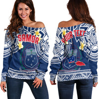 Custom Personalised Samoa Off Shoulder Sweater Samoan Plumeria Flowers Mix Polynesian Pattern - Wonder Print Shop