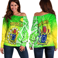 Happy Mangaia Gospel Day Off Shoulder Sweater Cook Islands Coat of Arms Polynesian Pattern - Wonder Print Shop
