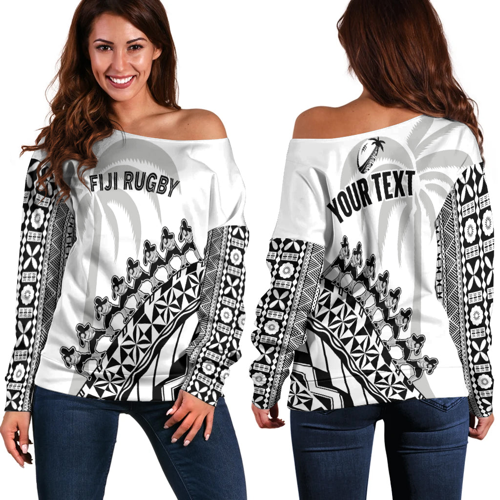Custom Personalised Fiji Rugby Off Shoulder Sweater Fijian Cibi Dance Tapa Pattern White - Wonder Print Shop