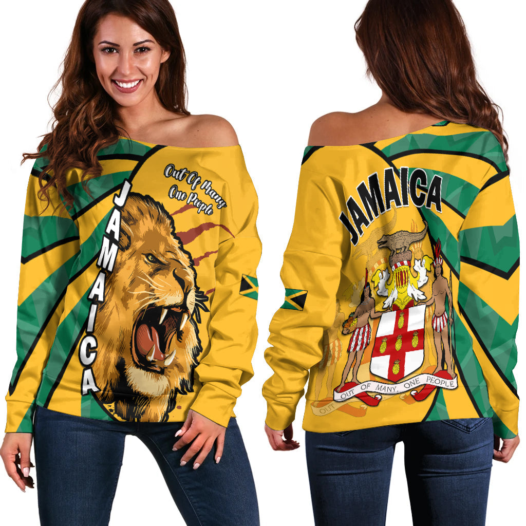 Jamaica Athletics Off Shoulder Sweater Jamaican Flag Mix Lion Sporty Style - Wonder Print Shop