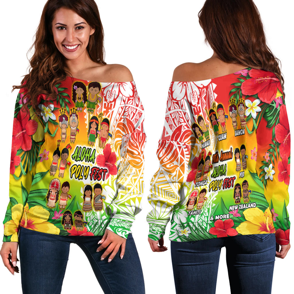 Aloha Poly Fest Off Shoulder Sweater Polynesian Pattern With Tropical Flowers - Wonder Print Shop