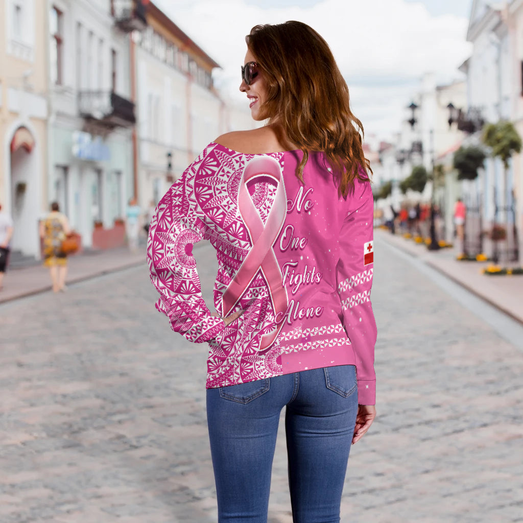 Tonga Breast Cancer Off Shoulder Sweater Tongan Ngatu Pattern No One Fights Alone - Wonder Print Shop
