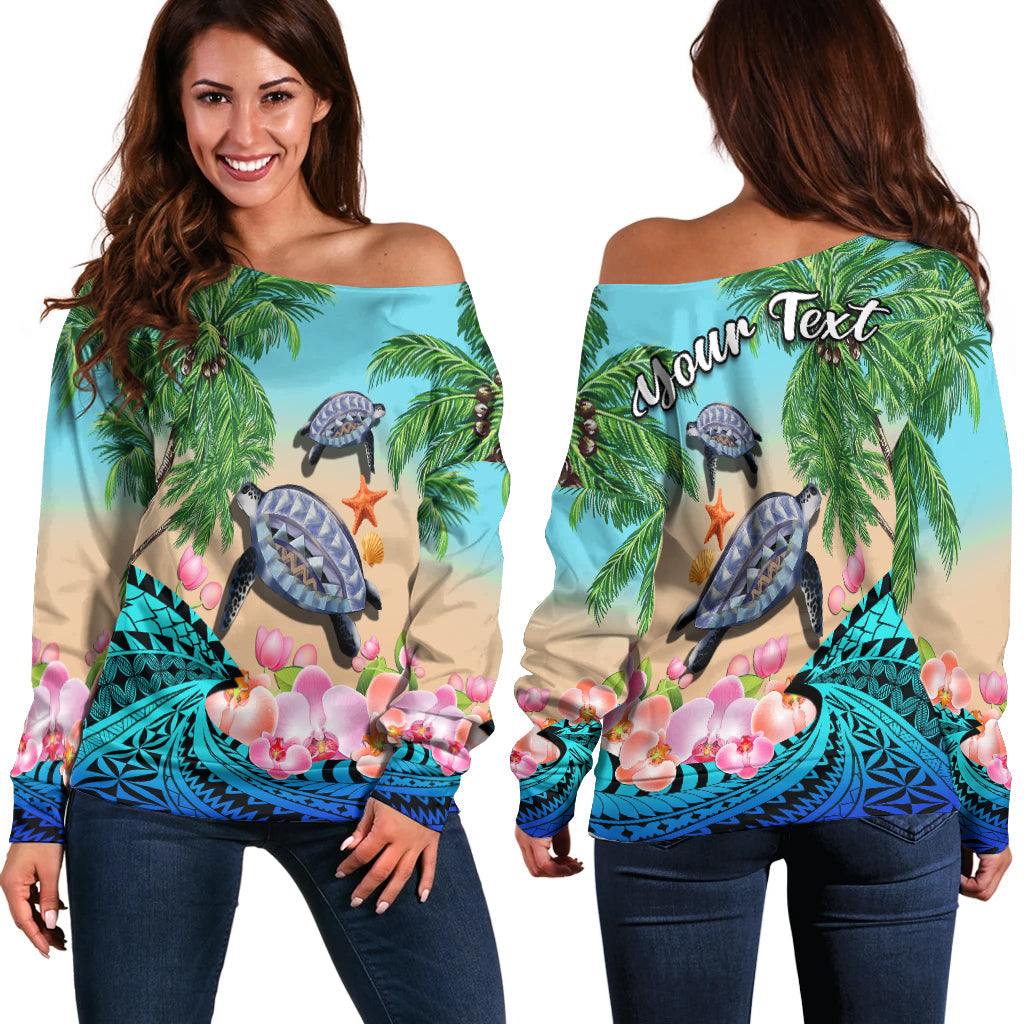Custom Personalised Polynesian Turtle Coconut Tree And Orchids Off Shoulder Sweater - Wonder Print Shop