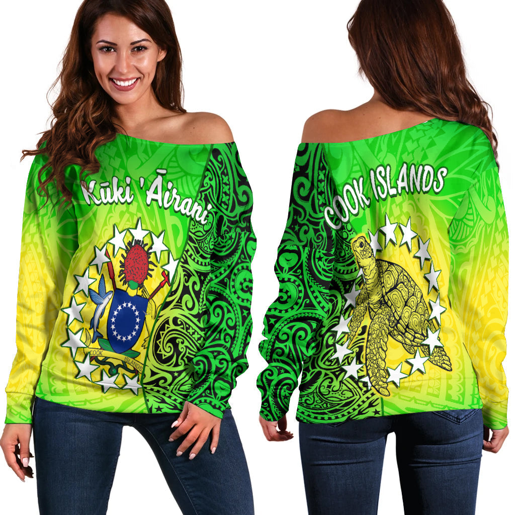 Cook Islands Off Shoulder Sweater Cook Islands Coat Of Arms Turtle Polynesian - Wonder Print Shop
