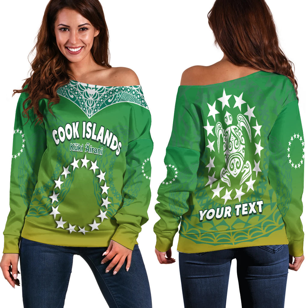 Custom Personalised Cook Islands Off Shoulder Sweater Circle Pattern Mix Sea Turtle Green Version - Wonder Print Shop
