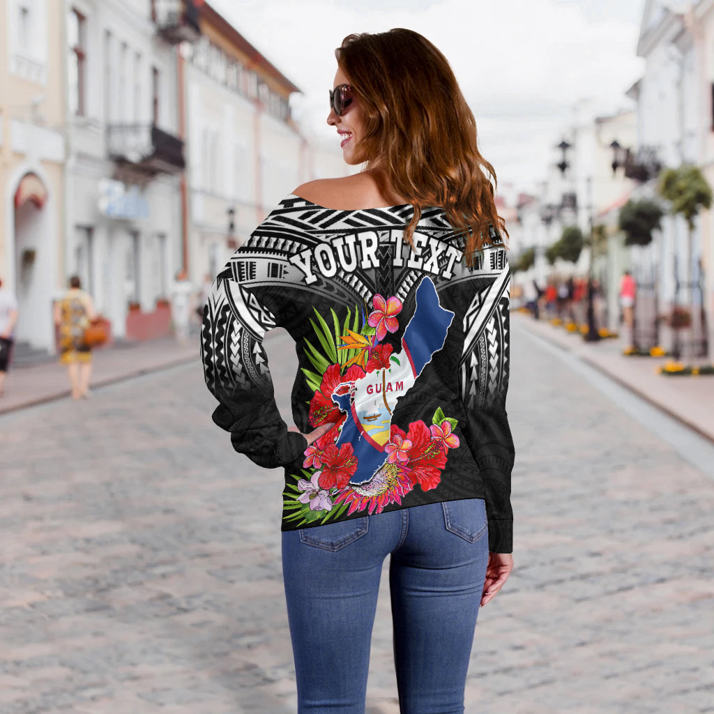 Custom Personalised Guam Chamorro Off Shoulder Sweater Guaman Latte Stone Tropical Flowers Black Style - Wonder Print Shop