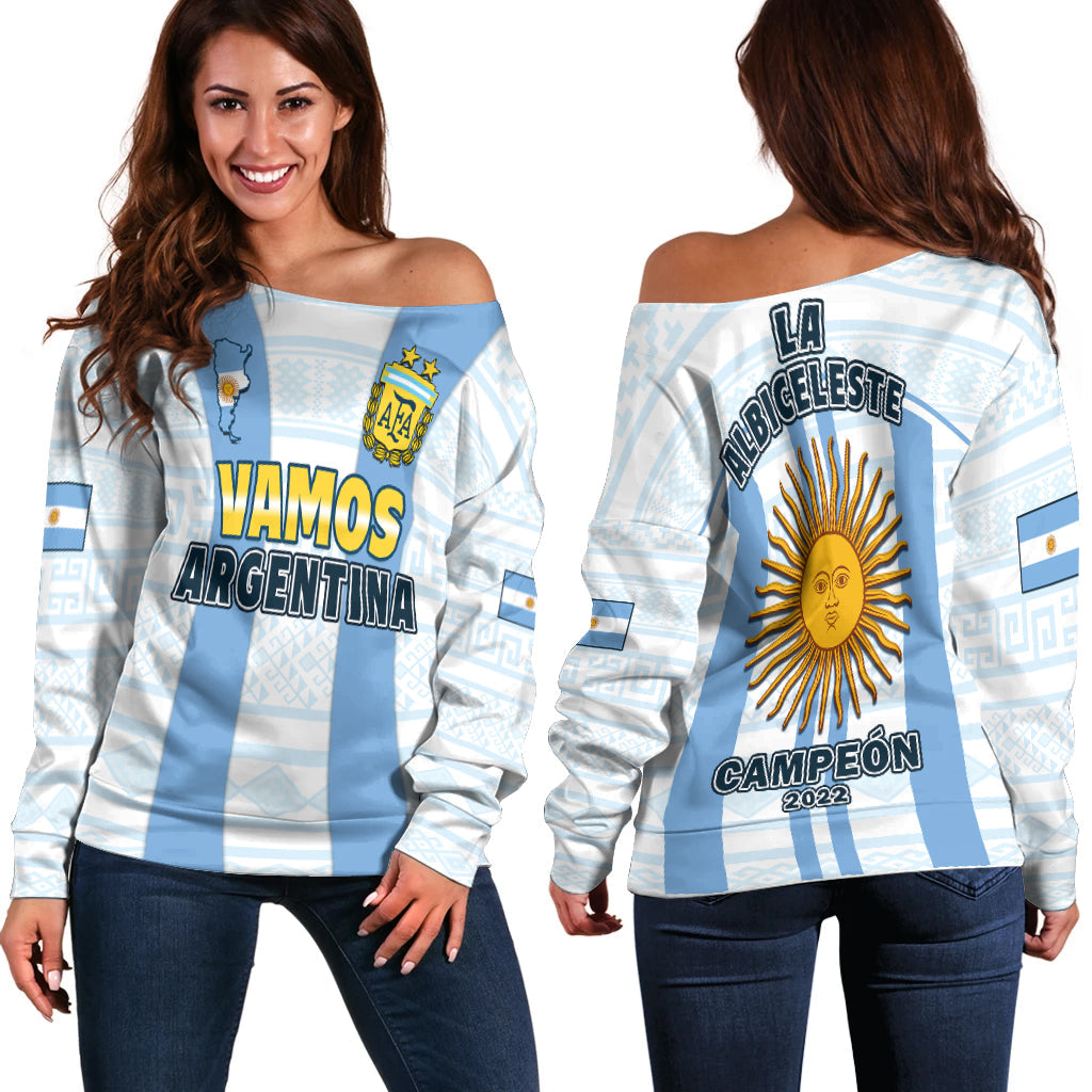 Argentina Football 2022 Off Shoulder Sweater Vamos La Albiceleste - Wonder Print Shop