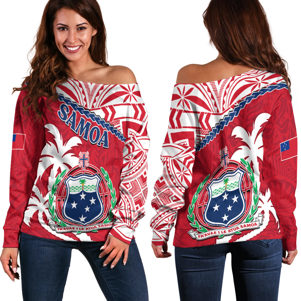 Samoa Off Shoulder Sweater Samoan Coat Of Arms With Coconut Red Style - Wonder Print Shop
