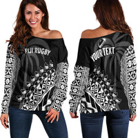 Custom Personalised Fiji Rugby Off Shoulder Sweater Fijian Cibi Dance Tapa Pattern Black - Wonder Print Shop