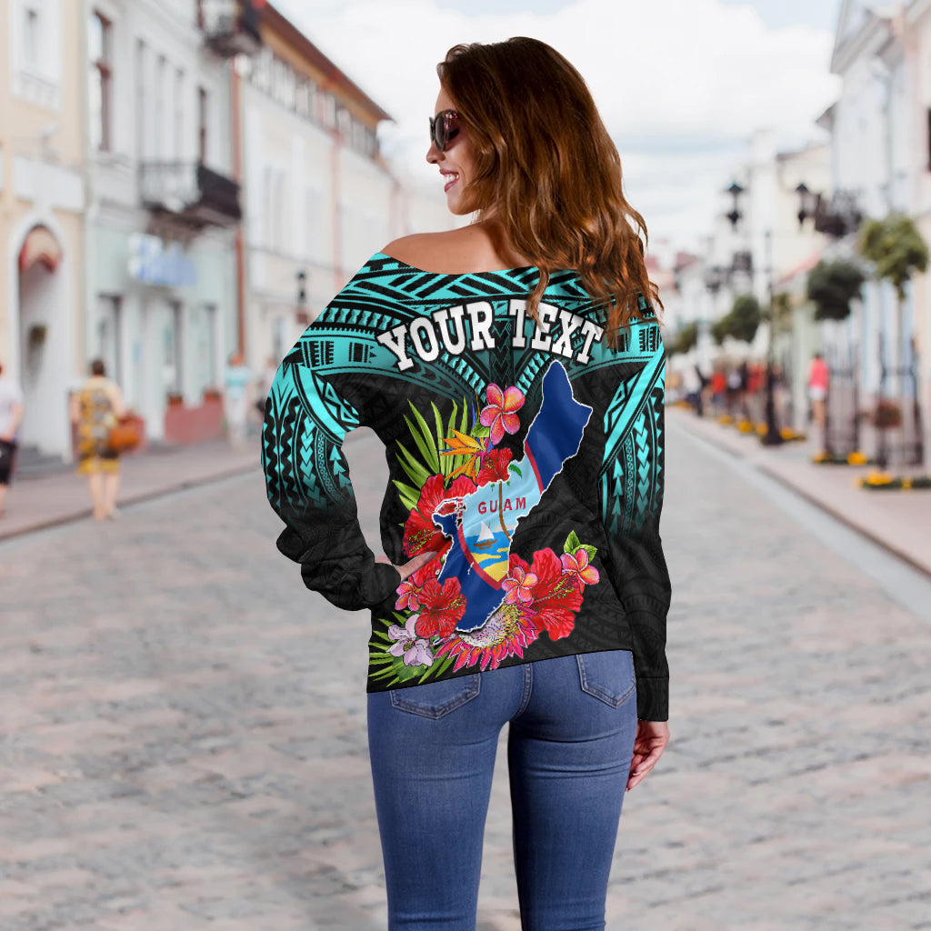 Custom Personalised Guam Chamorro Off Shoulder Sweater Guaman Latte Stone Tropical Flowers Turquoise Style - Wonder Print Shop