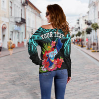 Custom Personalised Guam Chamorro Off Shoulder Sweater Guaman Latte Stone Tropical Flowers Turquoise Style - Wonder Print Shop