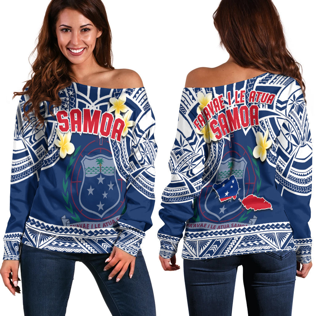 Samoa Off Shoulder Sweater Samoan Plumeria Flowers Mix Polynesian Pattern - Wonder Print Shop