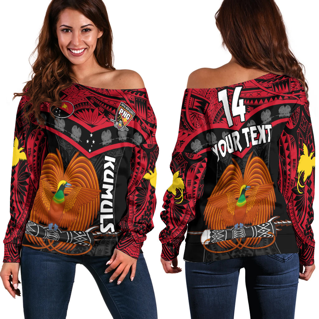 Custom Text And Number Papua New Guinea Rugby Off Shoulder Sweater PNG Kumuls Bird Of Paradise Black - Wonder Print Shop