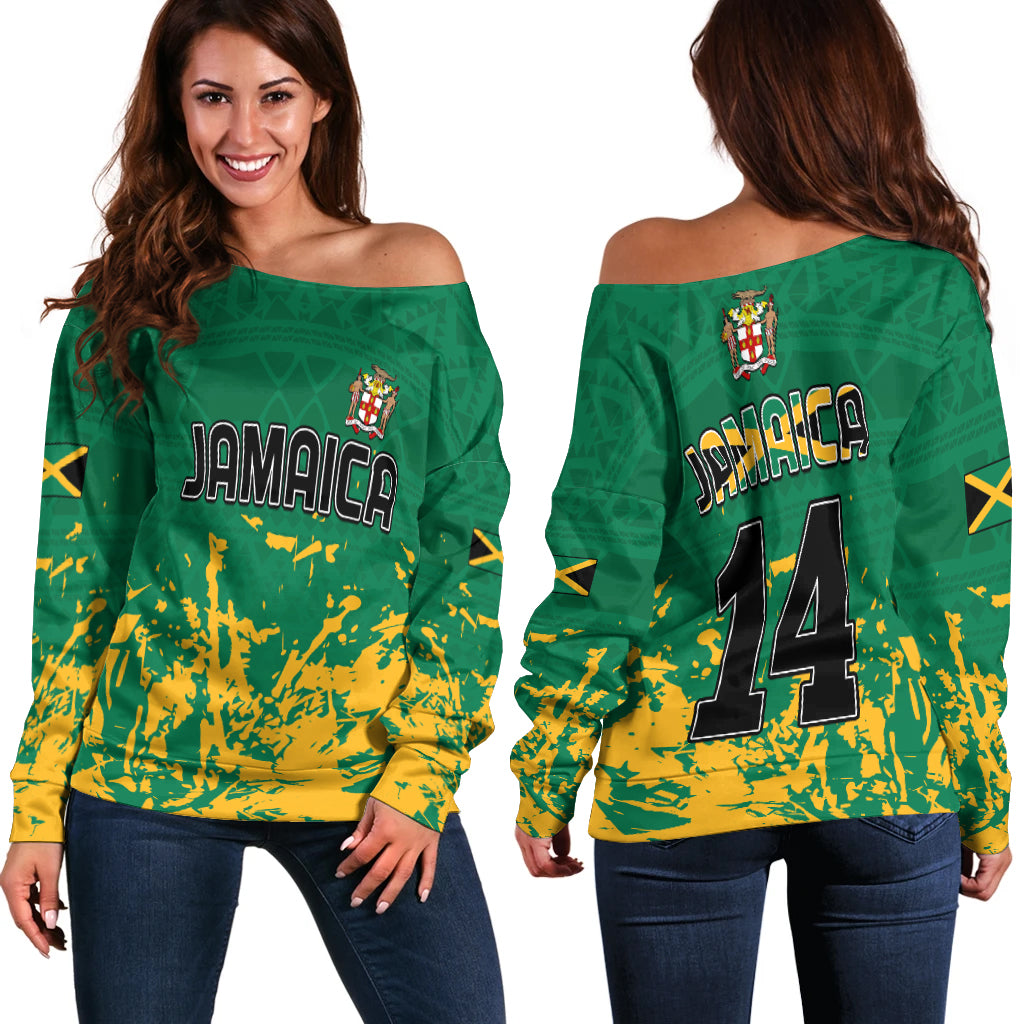 Jamaica Athletics Off Shoulder Sweater Jamaican Flag With African Pattern Sporty Style - Wonder Print Shop