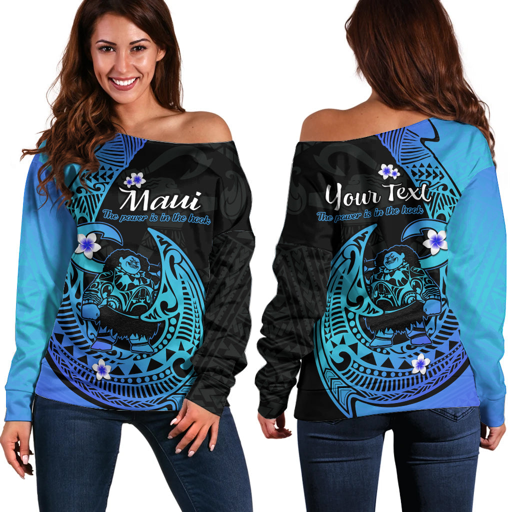 (Custom Personalised) Mauis Fish Hook Off Shoulder Sweater Polynesian Turquoise Gradient Version - Wonder Print Shop